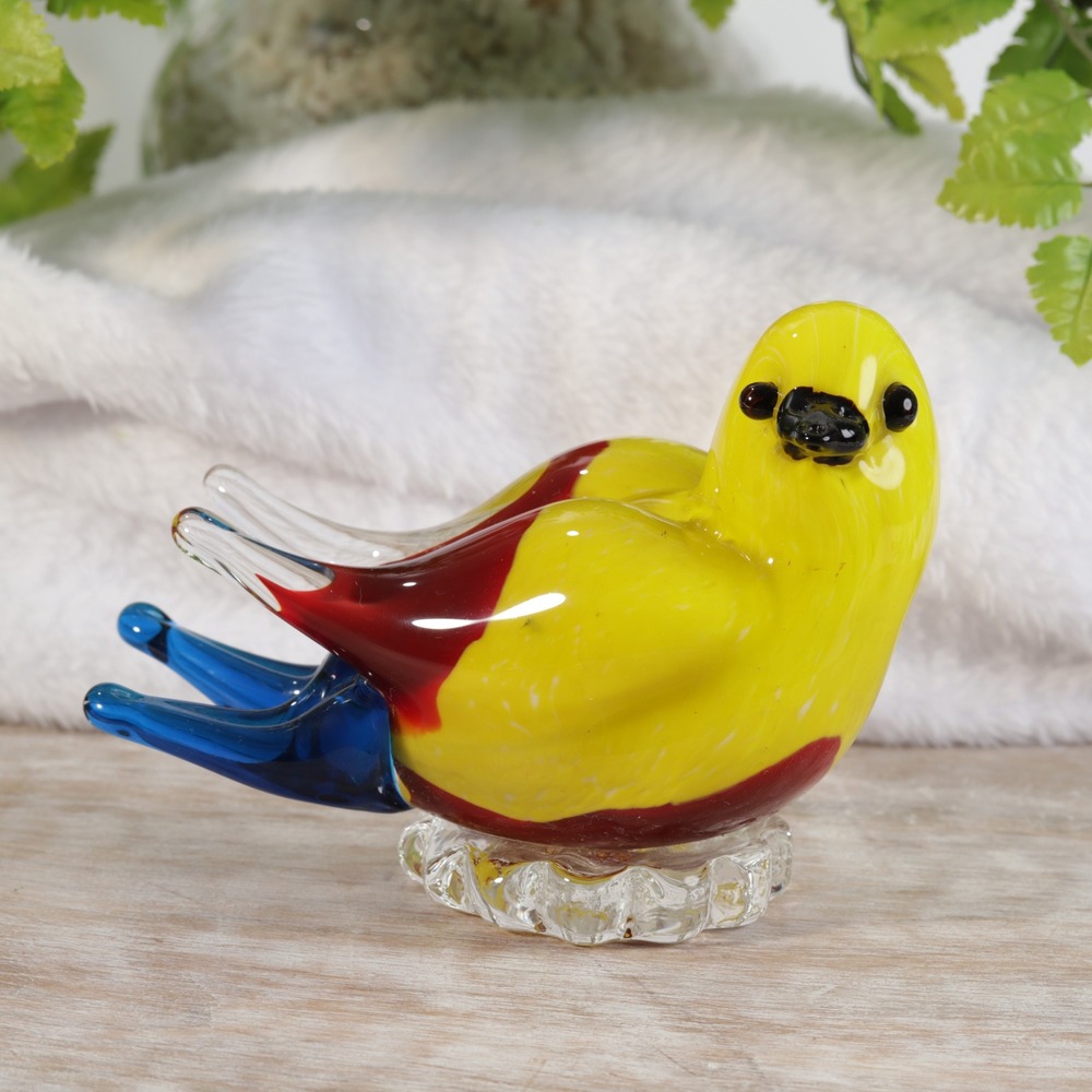 Vintage Art Glass Bird Figurine Yellow Red Blue Hand Blown Collectible Decor